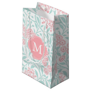 Monogrammed Mint and Coral Floral Damask Pattern Small Gift Bag