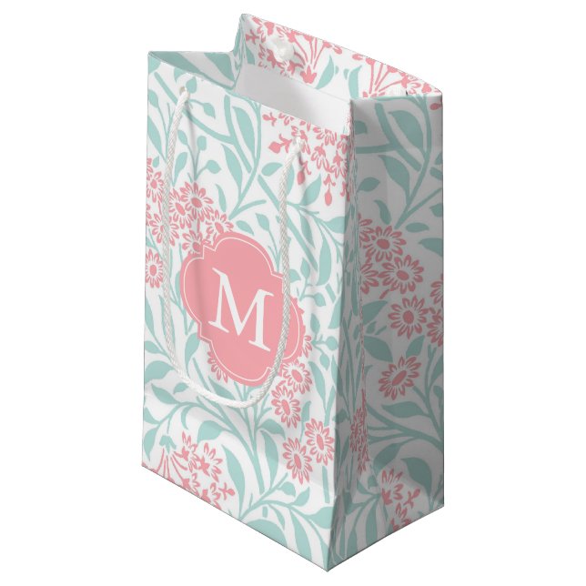 Monogrammed Mint and Coral Floral Damask Pattern Small Gift Bag (Front Angled)