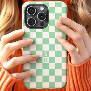 Monogrammed Mint And White Chequerboard Pattern iPhone 15 Case