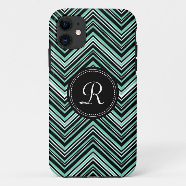 Monogrammed Mint Black Tribal Chevron Pattern Case-Mate iPhone Case (Back)