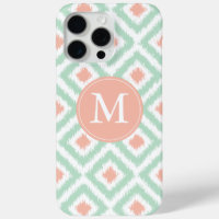 Monogrammed Mint Coral Diamond Ikat Pattern