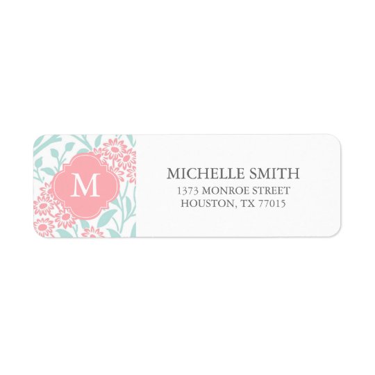 Monogrammed Mint Coral Floral Damask Pattern Return Address Label