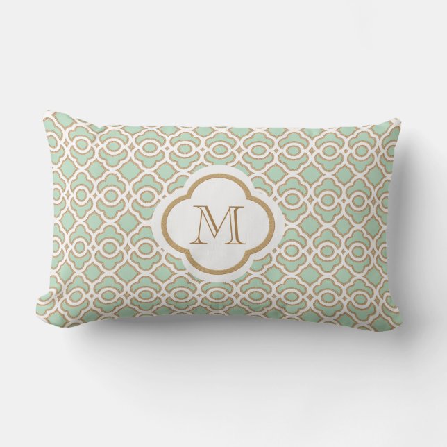 Monogrammed Mint Green and Gold Moroccan Lumbar Cushion (Front)