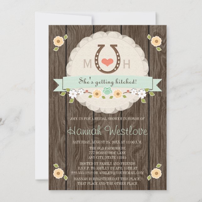 MONOGRAMMED MINT HORSESHOE WESTERN BRIDAL SHOWER INVITATION (Front)
