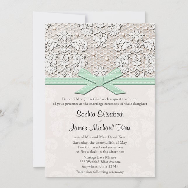 Monogrammed Mint Vintage Lace Wedding Invitations (Front)
