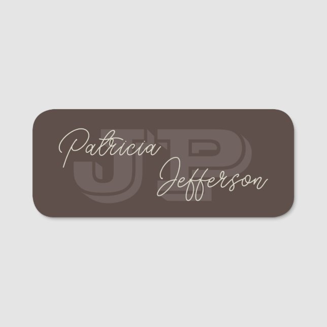 Monogrammed Mocha Dark Brown Beautiful Handwritten Name Tag (Front)