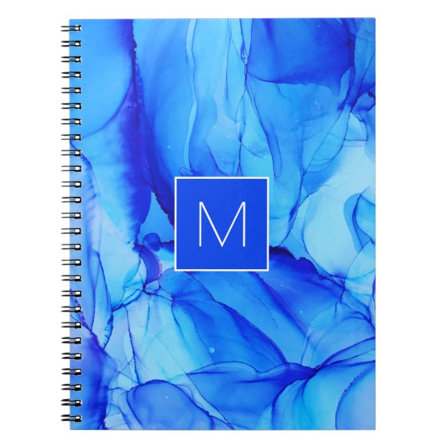 Monogrammed Modern Abstract Blue Ink Wash Notebook (Front)