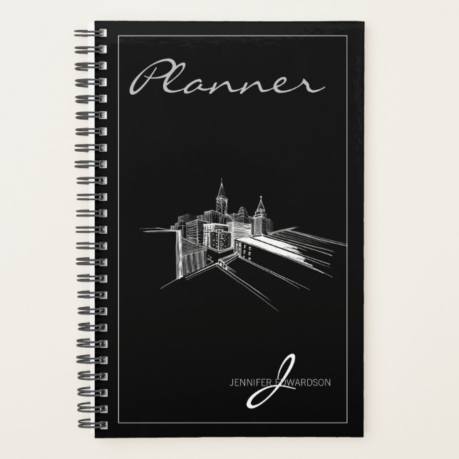 Monogrammed Modern Black Elegant Vibrant City Plan Planner (Front)