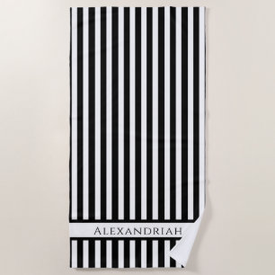Monogrammed Modern Black White stripes bathroom  B Beach Towel