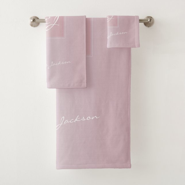 Monogrammed modern girly pink rose gold metallic bath towel set (Insitu)