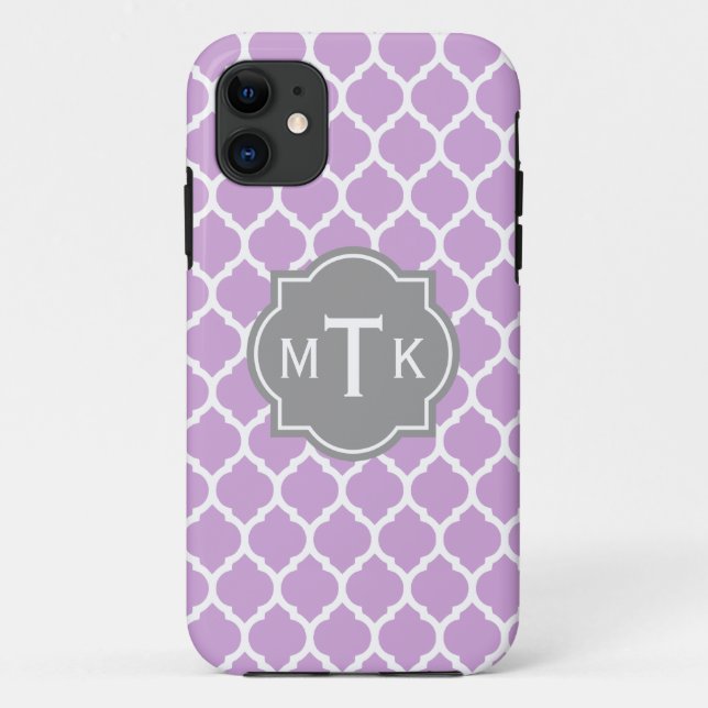 Monogrammed Modern Grey and Lilac Lattice Pattern Case-Mate iPhone Case (Back)