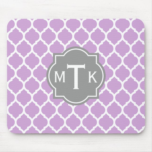 Monogrammed Modern Grey and Lilac Lattice Pattern Mouse Mat (Front)