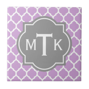 Monogrammed Modern Grey and Lilac Lattice Pattern Tile