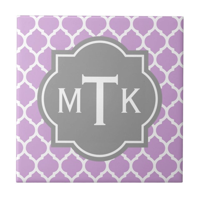 Monogrammed Modern Grey and Lilac Lattice Pattern Tile (Front)