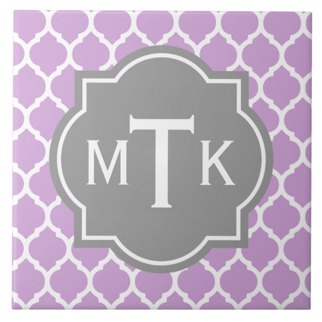 Monogrammed Modern Grey and Lilac Lattice Pattern Tile (Front)