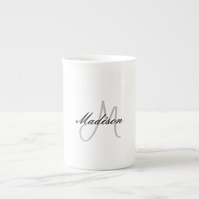 Monogrammed Modern Handwriting Name Initial Bone China Mug (Front)