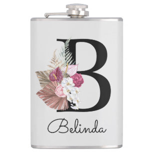 Monogrammed Modern Pink Floral Initial B Hip Flask
