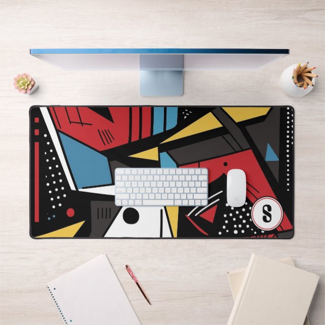 Monogrammed Modern Red & Black Geometric Abstract Desk Mat (Office 1)