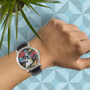 Monogrammed Modern Red & Black Geometric Abstract  Watch