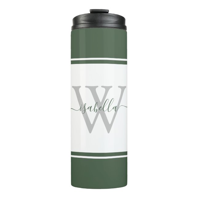Monogrammed Modern Script Evergreen Thermal Tumbler (Front)