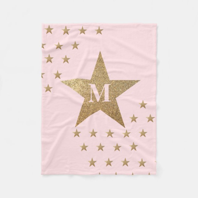 Monogrammed Modern Soft Pink and Gold Stars Fleece Blanket (Front)