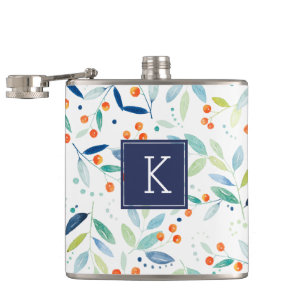 Monogrammed Modern Watercolors Botanical Pattern Hip Flask
