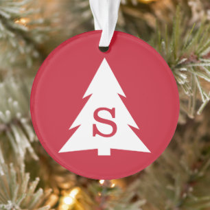 Monogrammed Modern White Christmas Tree on Red Ornament
