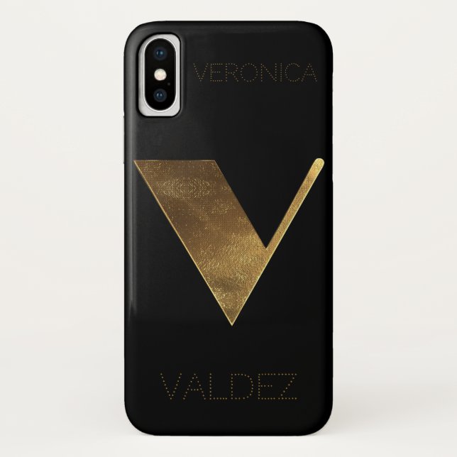 Monogrammed Monogram Initial V Black Gold Case-Mate iPhone Case (Back)