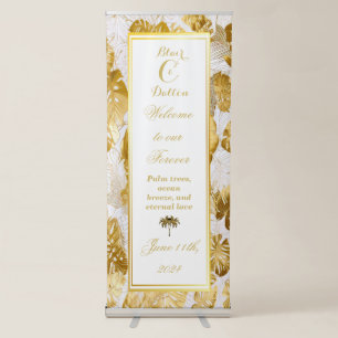 Monogrammed Monstera Gilded Gold Wedding Welcome Retractable Banner