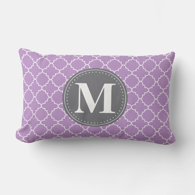 Monogrammed Moroccan Lattice in Lilac / Grey Lumbar Cushion (Front)