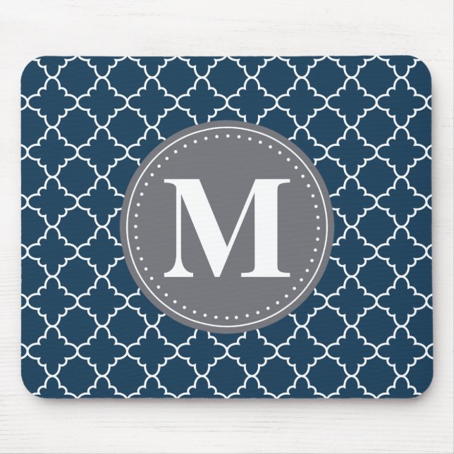 Monogrammed Moroccan Lattice in Navy / Grey Mouse Mat (Front)
