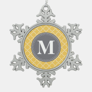 Monogrammed Moroccan Lattice in Yellow / Grey Snowflake Pewter Christmas Ornament