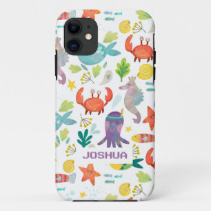 Monogrammed Multicolored Cartoon Sea Animals iPhone 11 Case