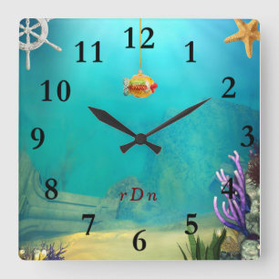Monogrammed Multicolored Underwater Ocean Scene Square Wall Clock