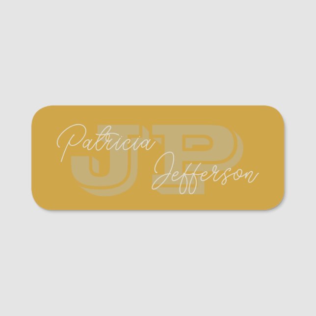 Monogrammed Mustard Yellow Handwritten Calligraphy Name Tag (Front)