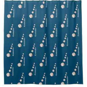 Monogrammed name baseball blue sports bathroom shower curtain