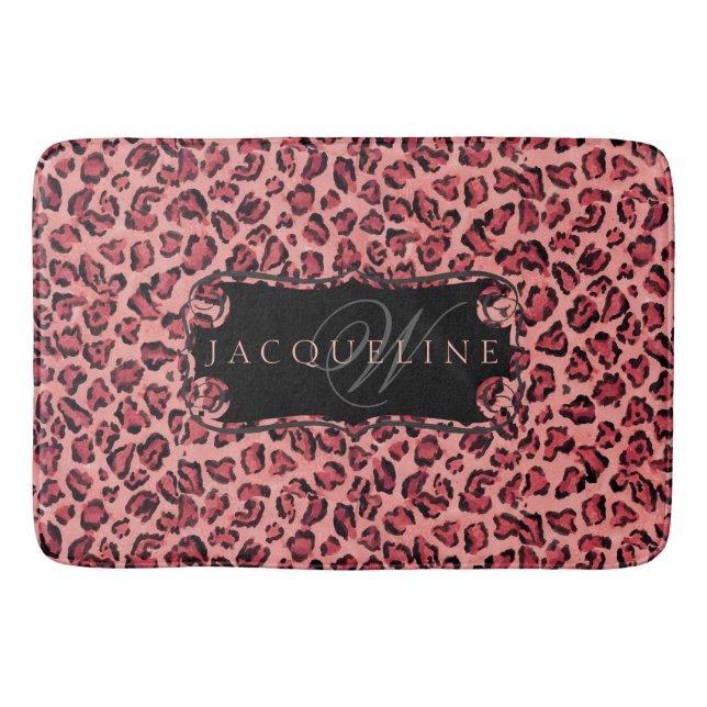 Monogrammed Name Bath Decor Leopard Print Pink Bath Mat (Front)