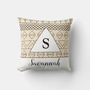 Monogrammed Name Beige Geometric Pattern Print Cushion