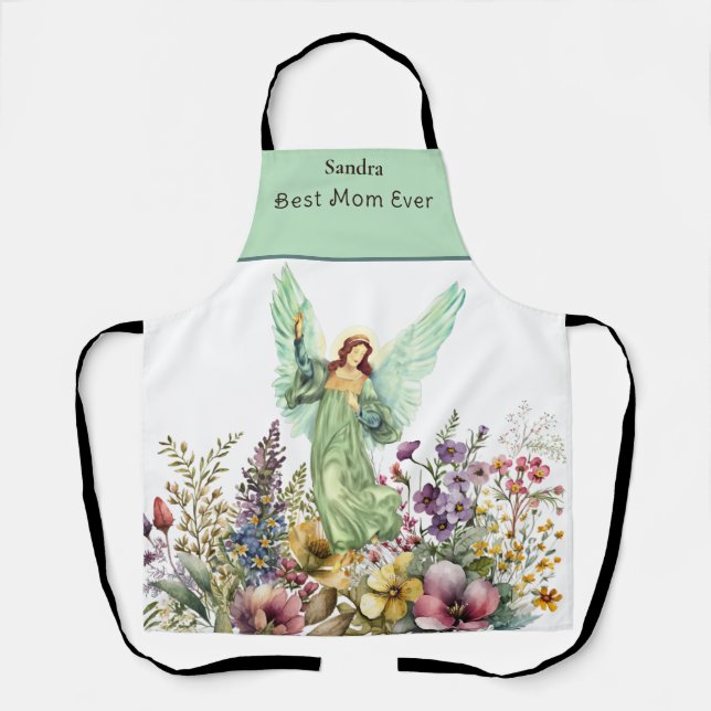 Monogrammed Name Best Mum Ever Floral Flower Angel Apron (Front)