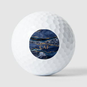 Monogrammed Name Blue Gold Glitter Agate Marble Golf Balls