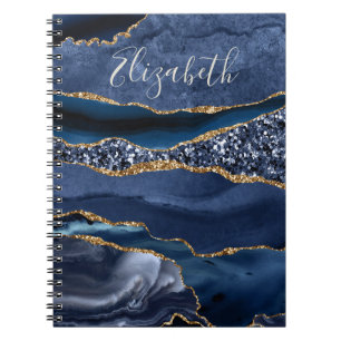 Monogrammed Name Blue Gold Glitter Agate Marble  Notebook
