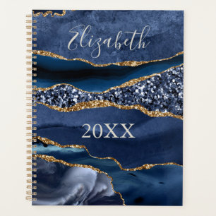 Monogrammed Name Blue Gold Glitter Agate Marble Planner