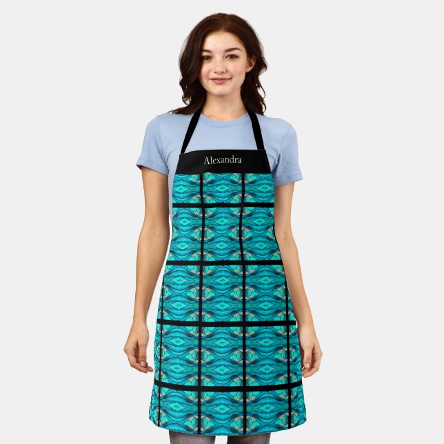 Monogrammed Name Blue Teal Faux Stained Glass Apron (Worn)
