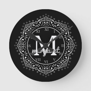 Monogrammed Name Boho Mandala Black Silver Round Clock