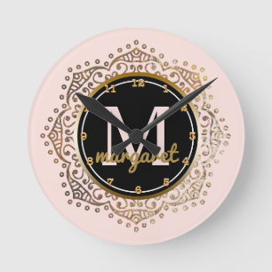 Monogrammed Name   Boho Mandala Blush Pink Gold Round Clock