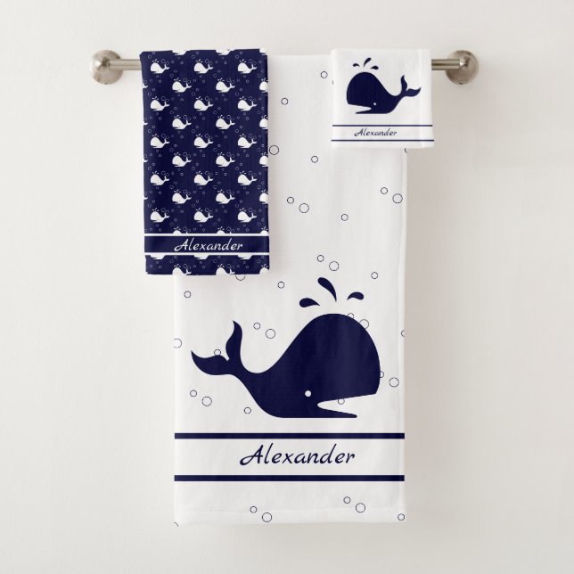 Monogrammed Name Cartoon Whale Navy Blue white  Ba Bath Towel Set (Insitu)