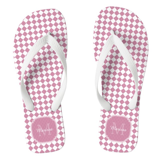 Monogrammed Name Chic Cashmere Rose Checked Flip Flops (Footbed)