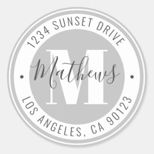 Monogrammed Name & Circular Text   Grey & White Classic Round Sticker