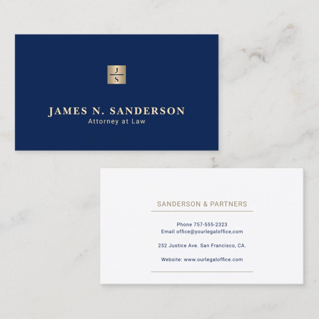 Monogrammed name elegant luxury navy gold lawyer business card (Front/Back)