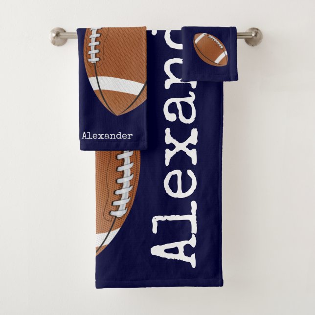 Monogrammed name football  Navy Blue Bath Towel Set (Insitu)